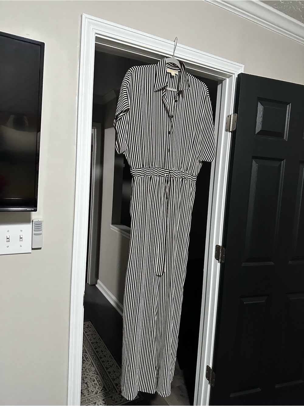 Michael Kors Striped Crepe Jumpsuit Black/Bone Small